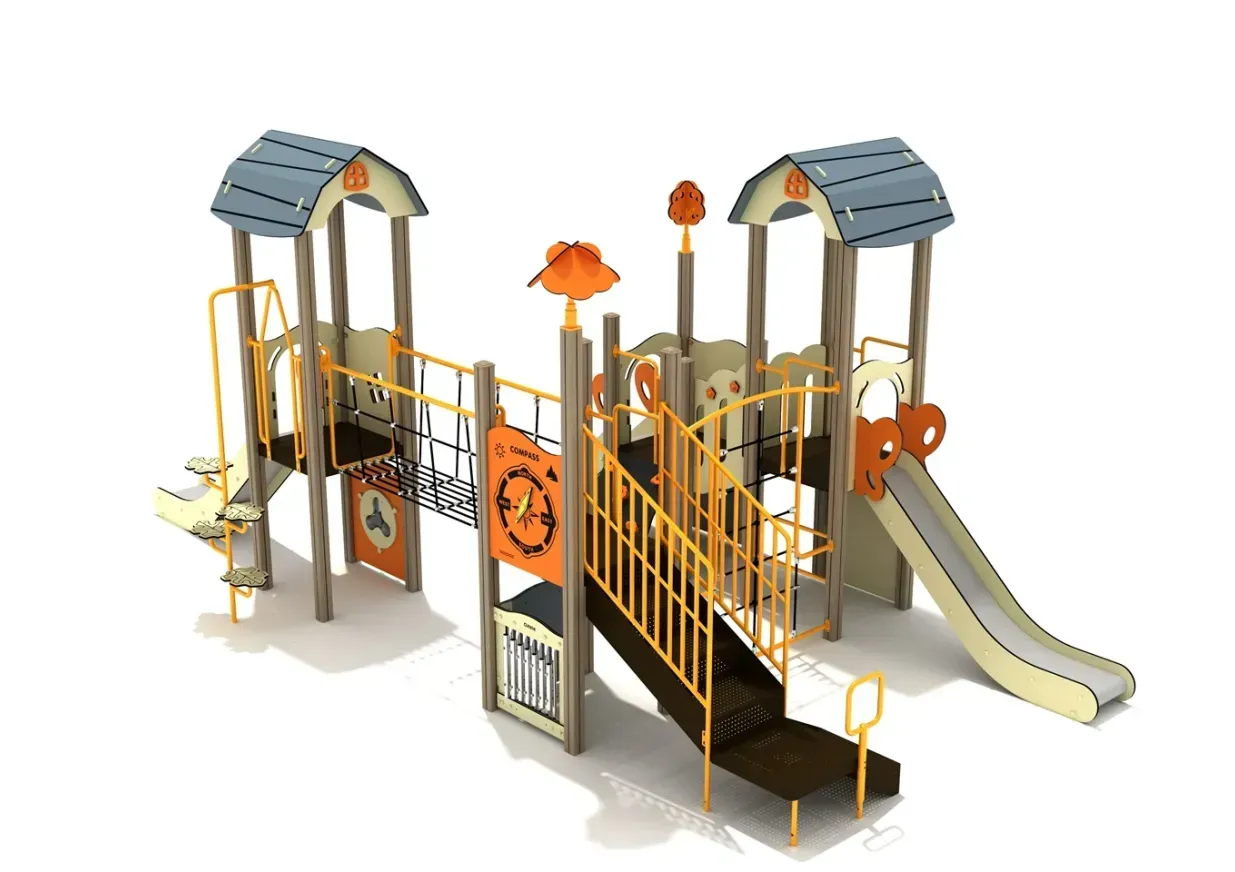 Children’s playground set with slides, stairs, and orange accents on a white background