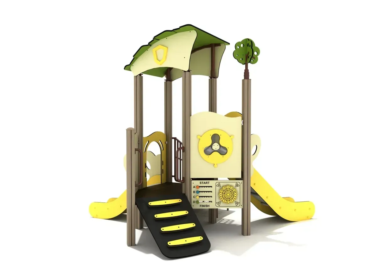 Yellow and brown playground climbing structure with slides and steps on a white background