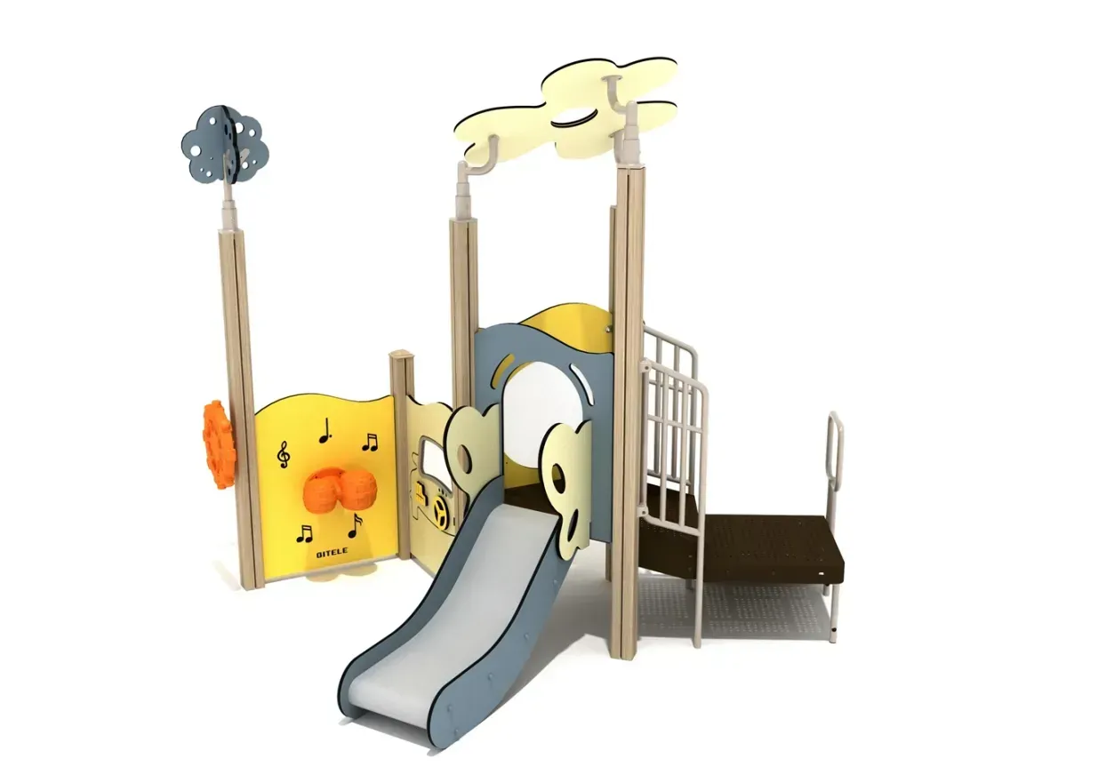 Colorful duck-themed playground with a slide, climbing panels, and elevated platform