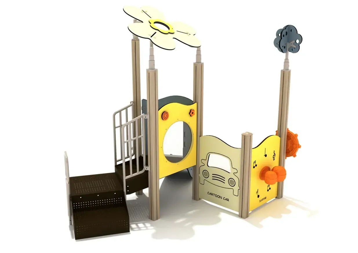 Children’s playground structure with slides, ladders, and colorful panels on a white background