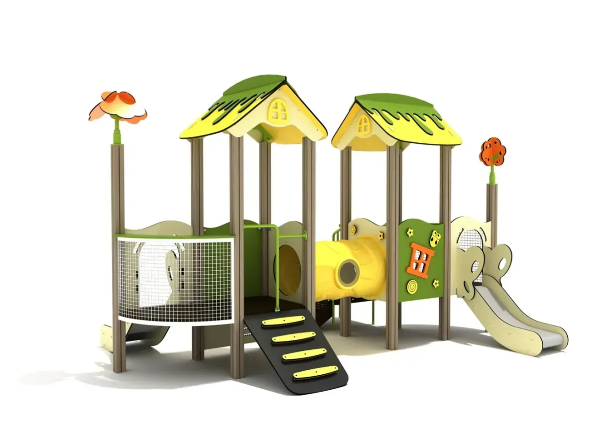 Colorful outdoor playground with slides, climbing platforms, and tunnels under green roofs