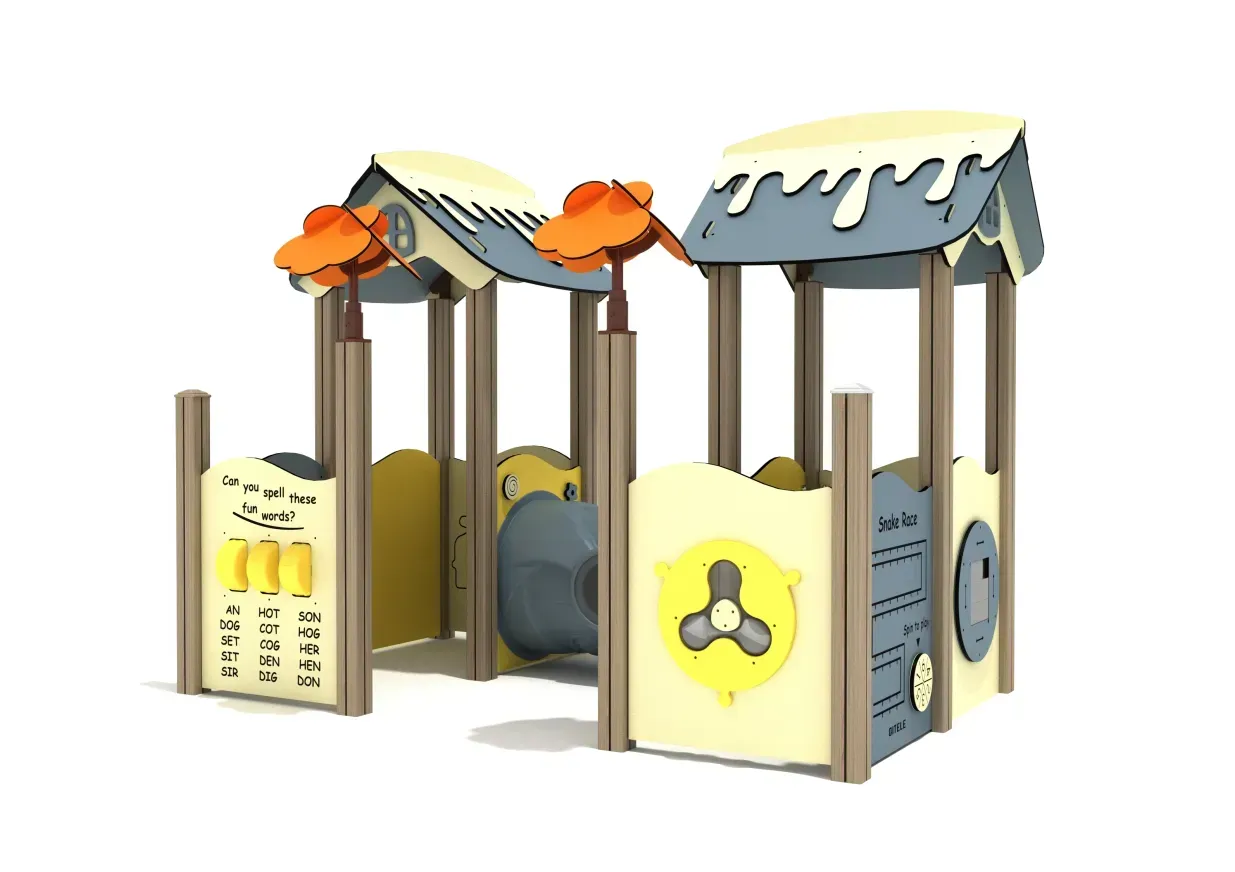 Colorful playground playhouse with brown posts, gray roofs, and yellow panels with orange leaf accents
