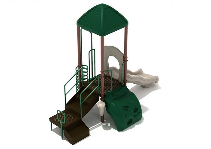 Playground with a green roof, tan slide, stairs, and climbing wall.