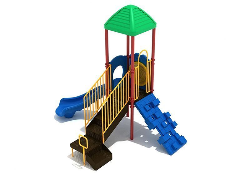 Playground with a blue slide, steps, and a climbing wall, under a green roof.