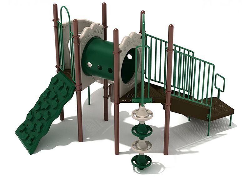 Playground with green climbing wall, brown stairs, and green tunnel.