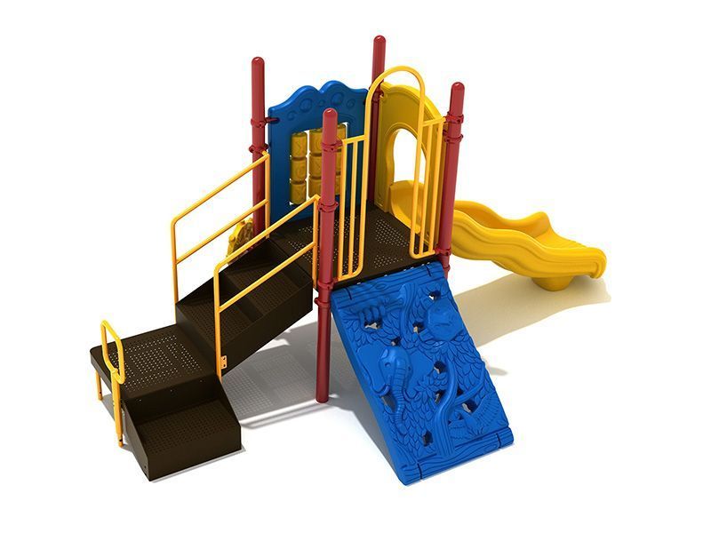 Playground with stairs, climbing wall, and slide; blue, yellow, red, and black.