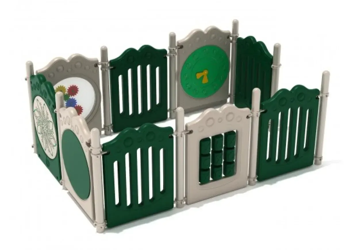 Green-and-white plastic playpen with fence panels and cartoon animal decorations