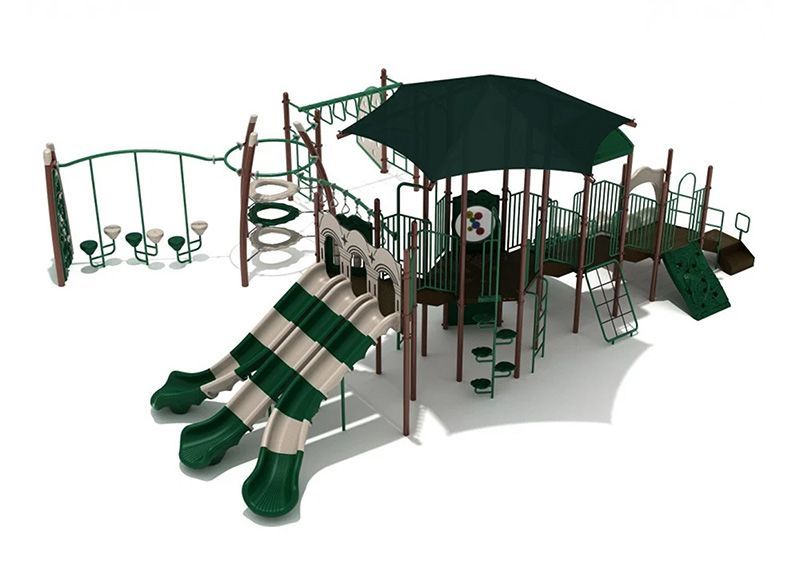 Playground with green and tan equipment. Features slides, climbing structures, and overhead elements.