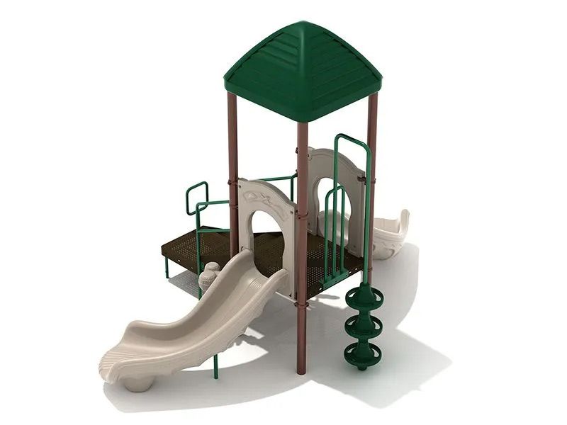 Playground structure with a slide, climbing features, and a green roof.