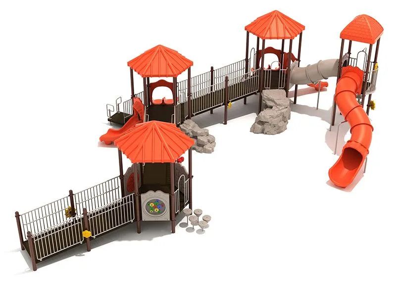 Playground with orange roofed structures, bridges, slides, and climbing features.