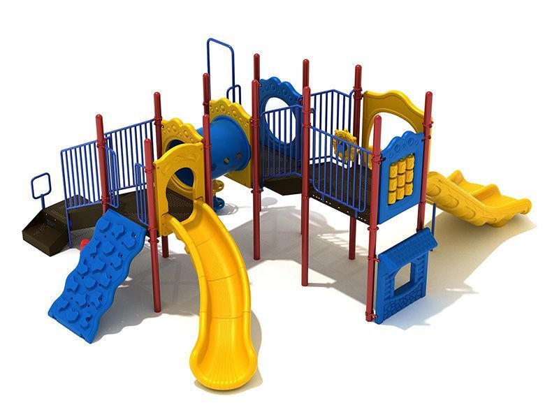 Playground structure with blue, yellow, and red elements, including slides and platforms.