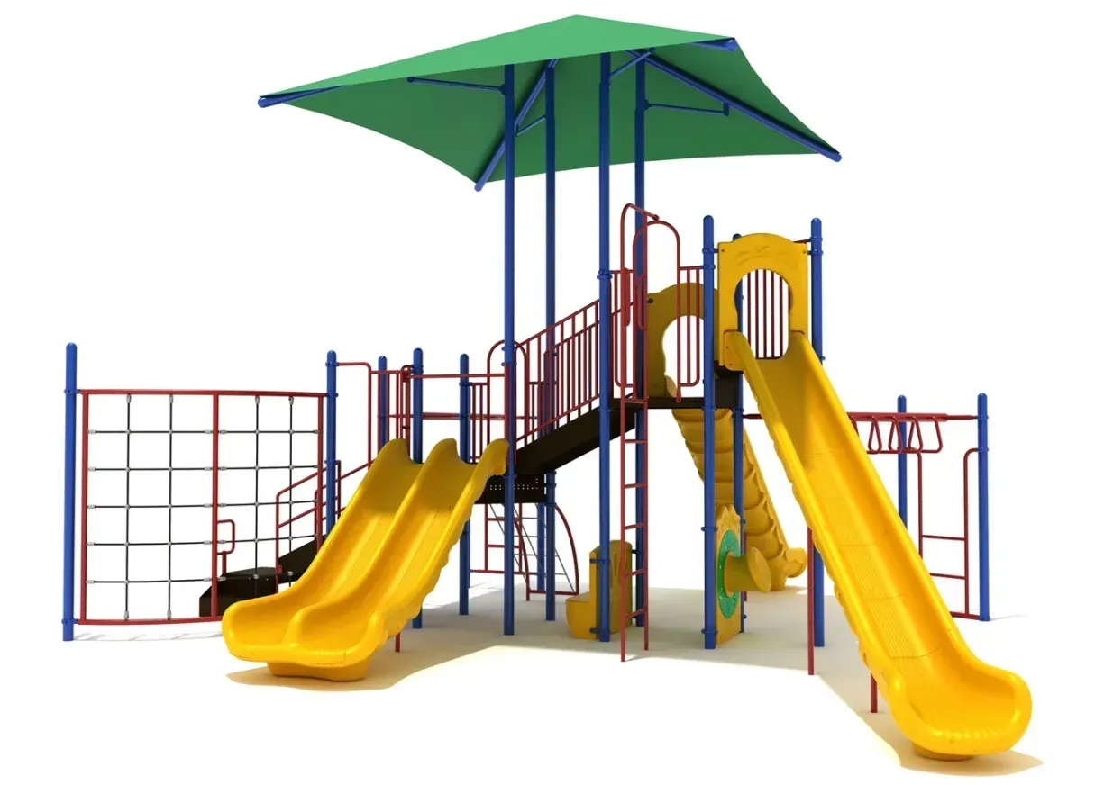 Outdoor playground structure with green canopy, blue frame, and yellow slides on a white background