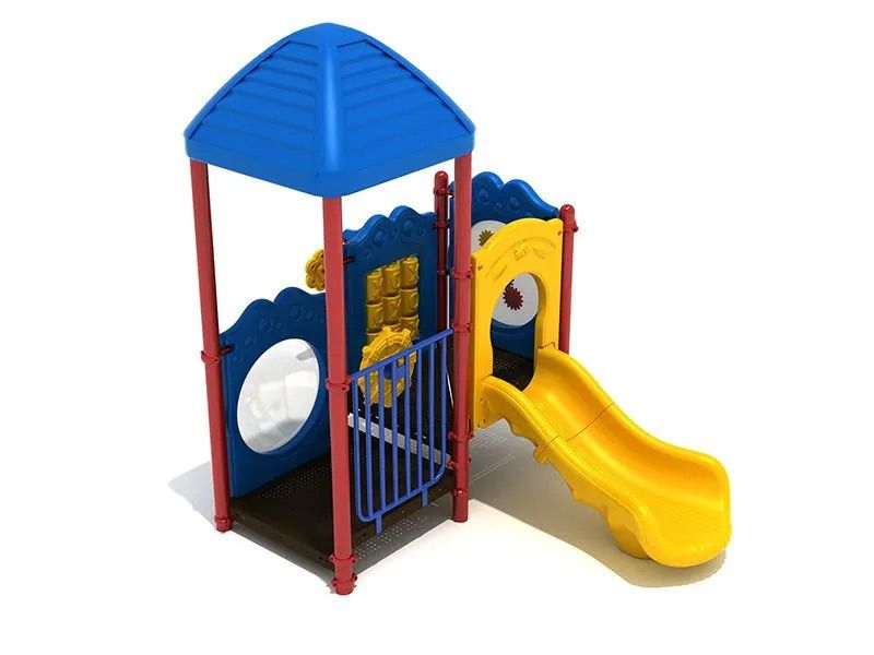 Playground with a blue roof, red supports, and a yellow slide.