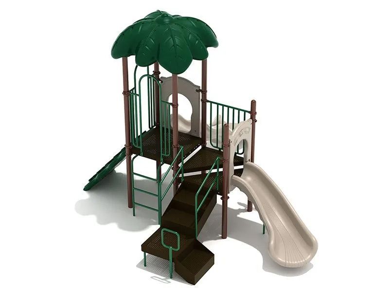 Playground with green roof, stairs, slide, and platform, on a white background.