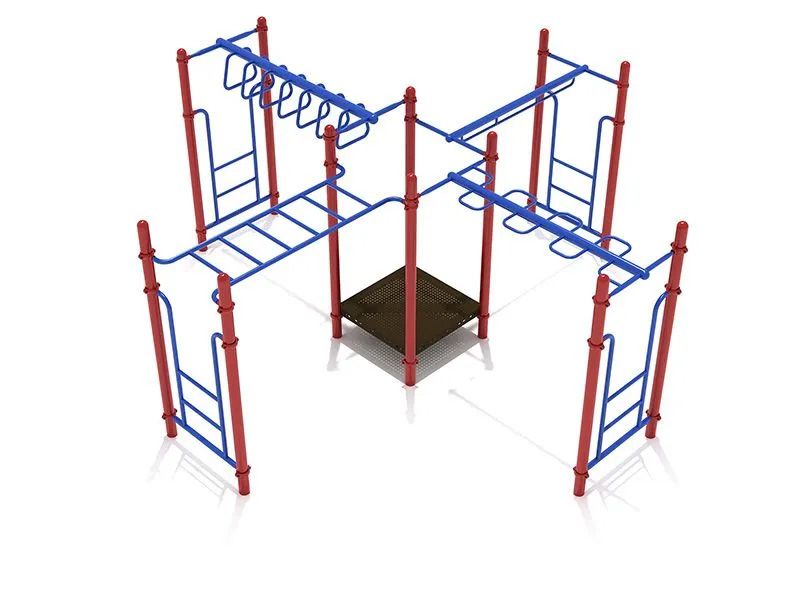 Blue and red metal playground structure with ladders, monkey bars, and central platform.