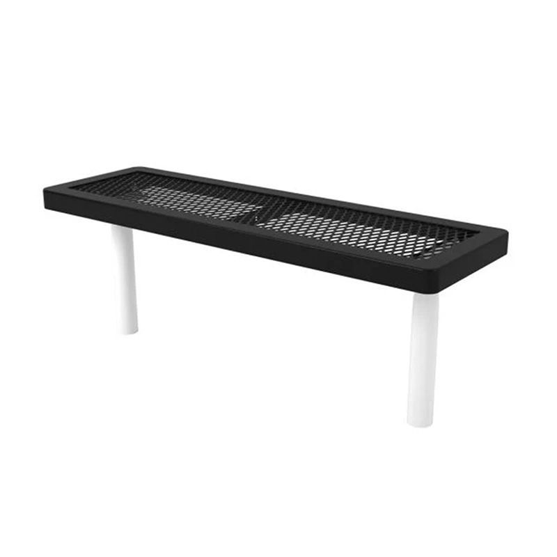 Black metal bench with white legs, likely in a public space.