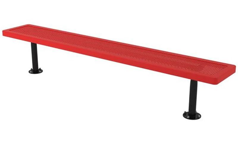 Red metal bench with black legs.