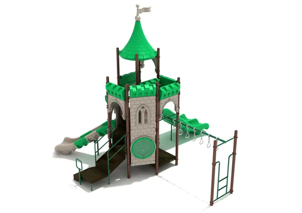 Green-and-tan playground tower with slide, climbing steps, and swing frame on white background