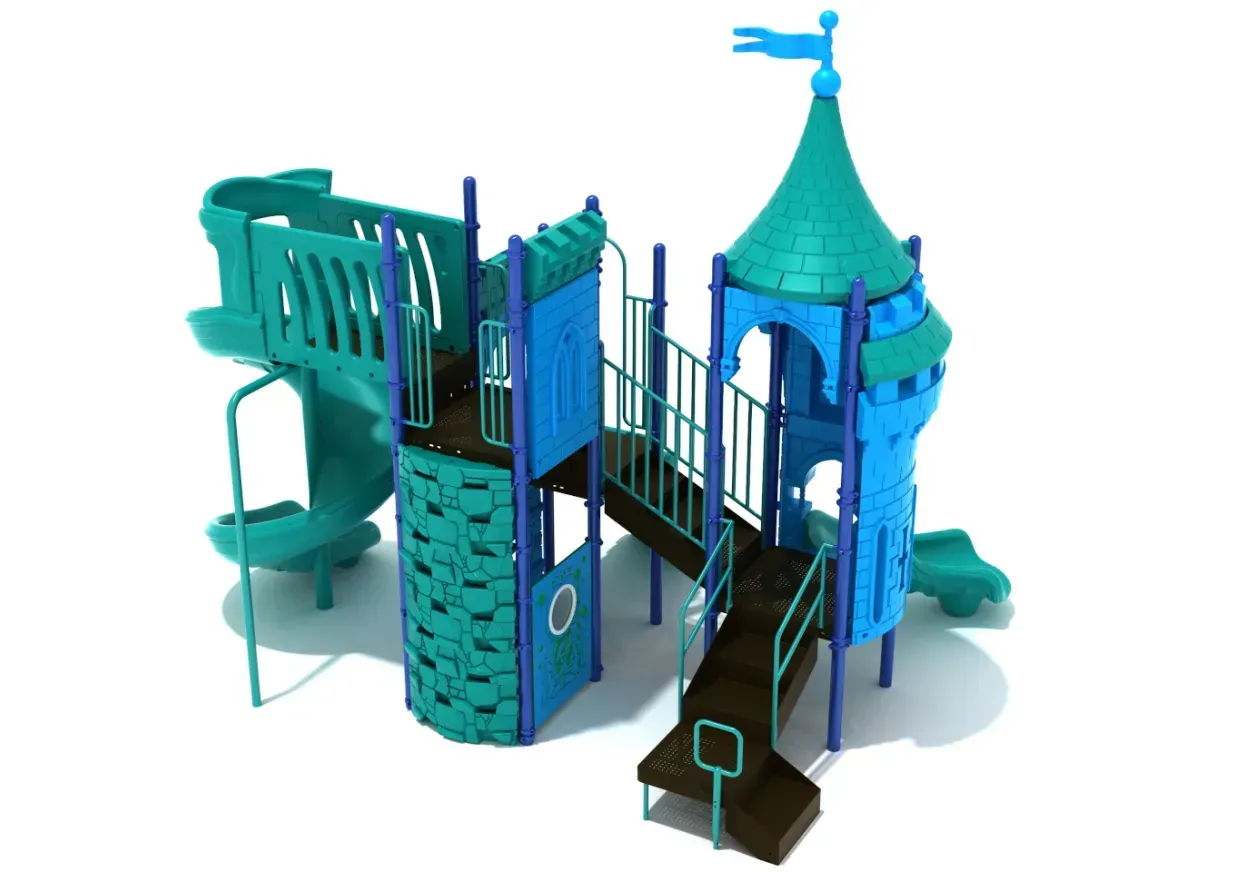 Blue and teal playground structure with slides, stairs, and climbing features
