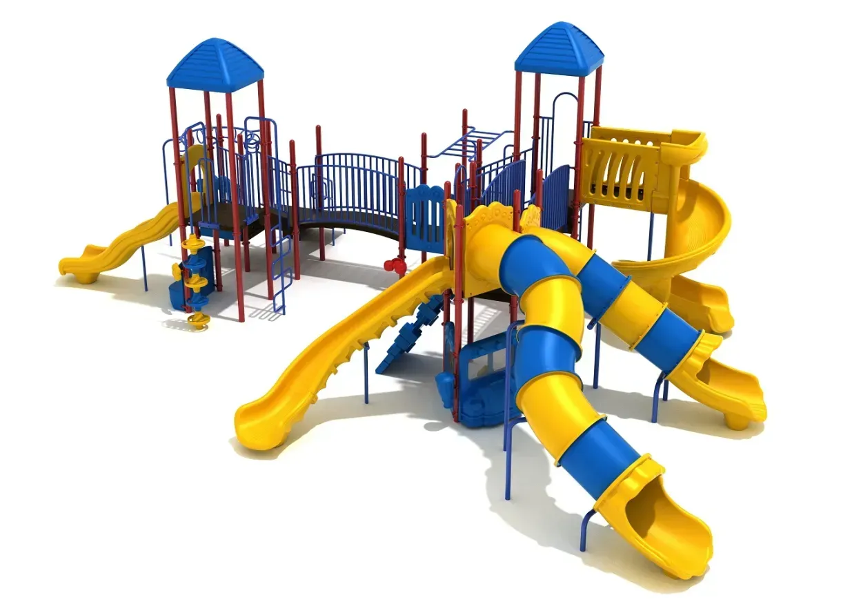 Colorful outdoor playground with slides, bridges, and climbing towers on a white background