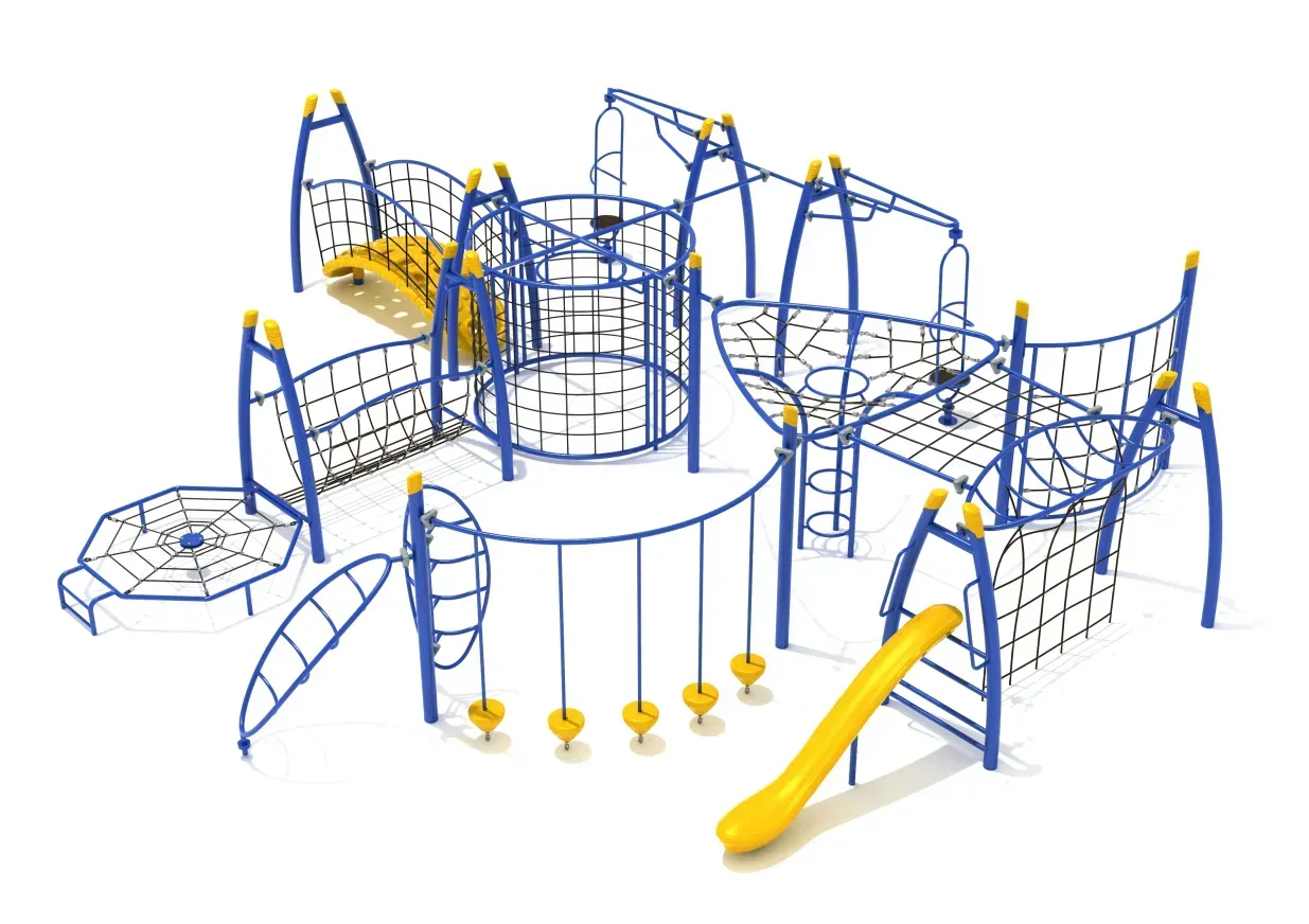Blue-and-yellow playground climbing structure with slides, bridges, and rope nets