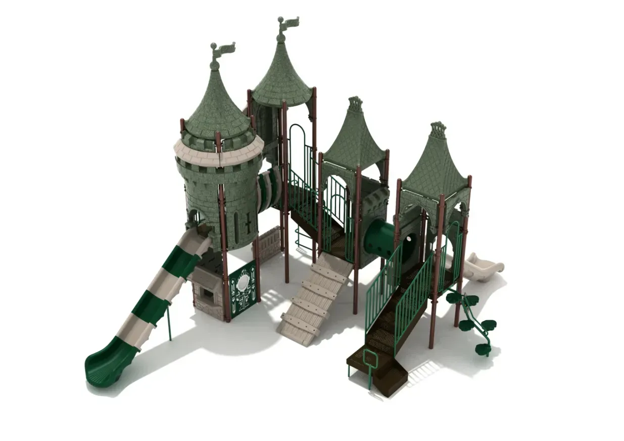 Green and white castle-style playground with slides, stairs, and towers on a white background