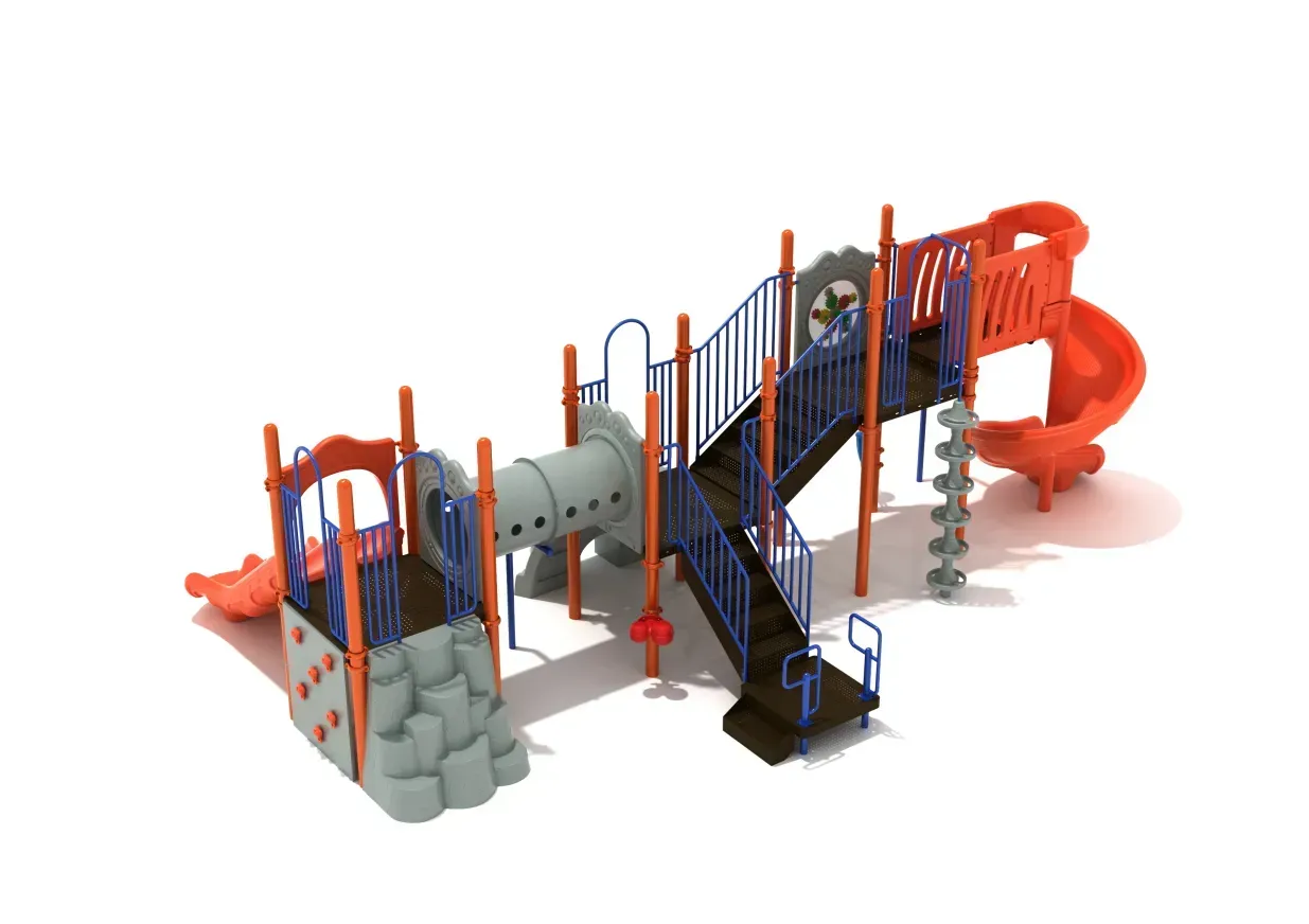 Colorful playground with slides, climbing ramps, tunnels, and stairs on a white background