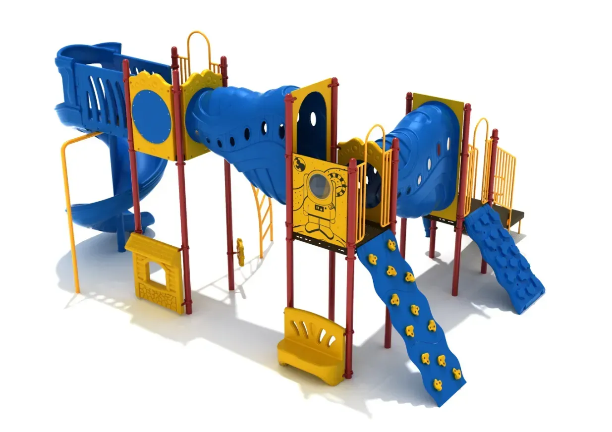 Colorful outdoor playground structure with slides, climbing panels, tunnels, and ladders on a white background