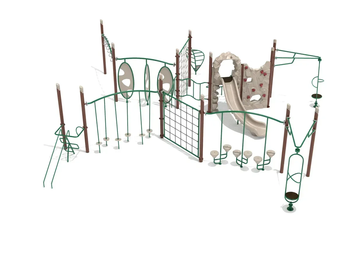Outdoor playground obstacle course with climbing nets, poles, and hanging rings in green and brown.
