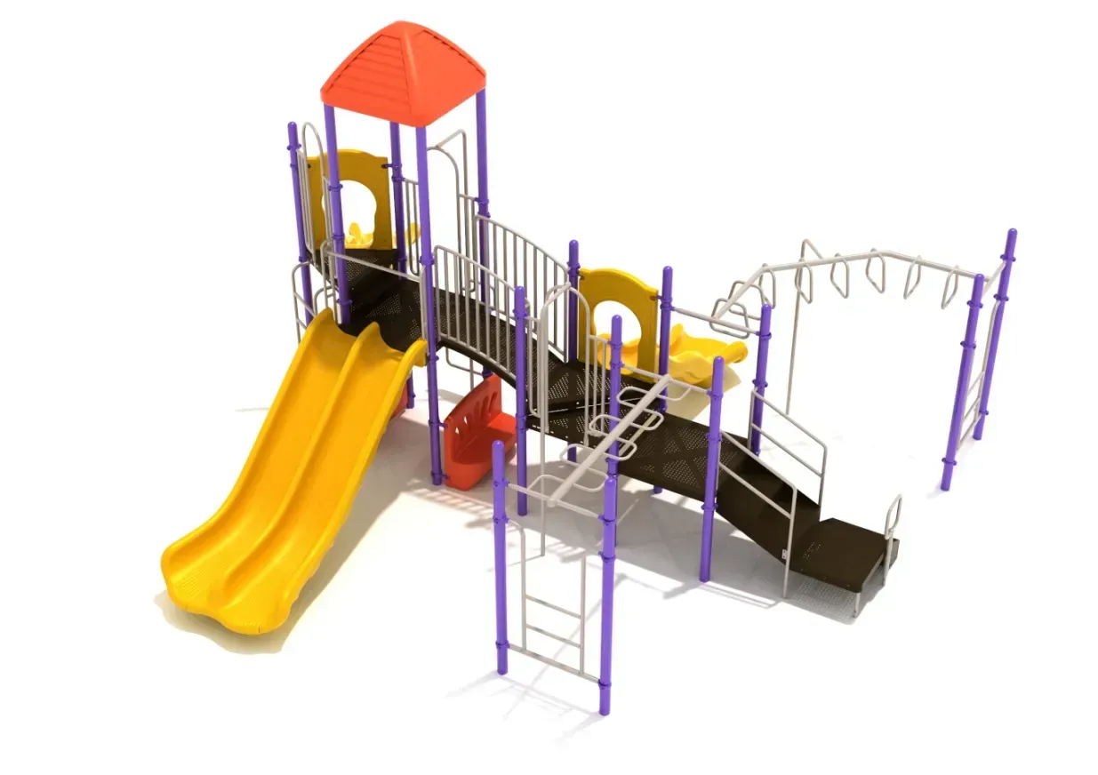 Colorful playground structure with yellow slides, purple rails, and climbing bars on a white background