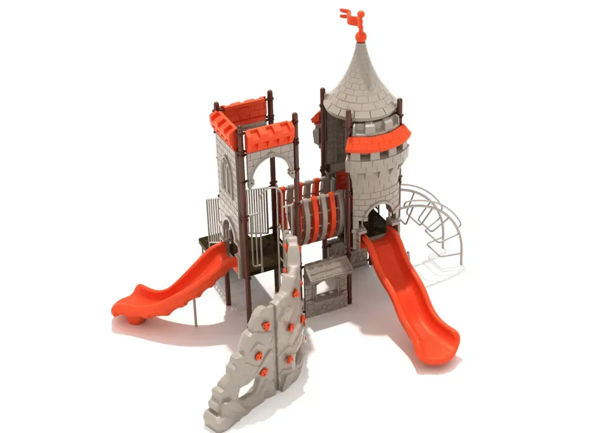 Toy castle playset with orange slides and gray towers on a white background