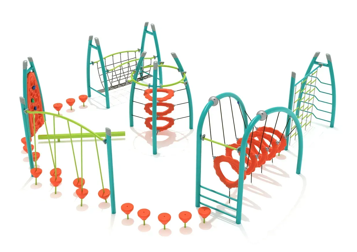 Colorful playground climbing structure with slides, arches, and rope elements on a white background