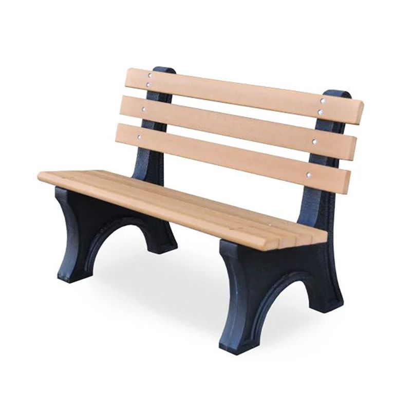 Tan and black outdoor bench with back and armrests.