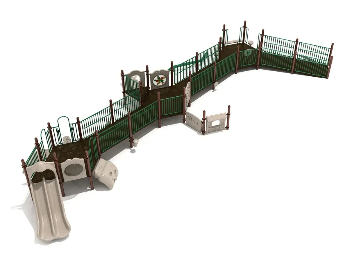 Green-and-brown outdoor playground bridge with ramps, railings, and climbing nets