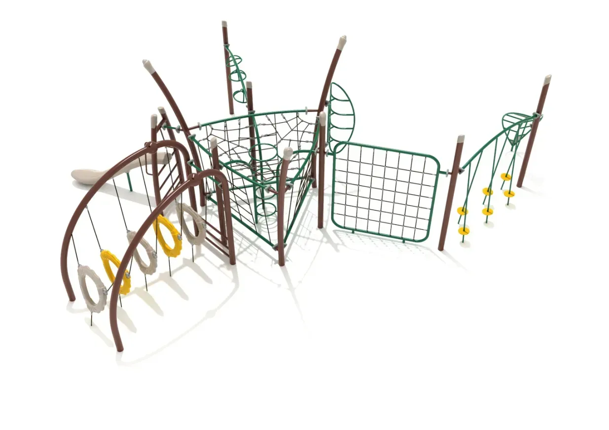 Modern playground climbing structure with curved metal bars, ladders, and a yellow rope path