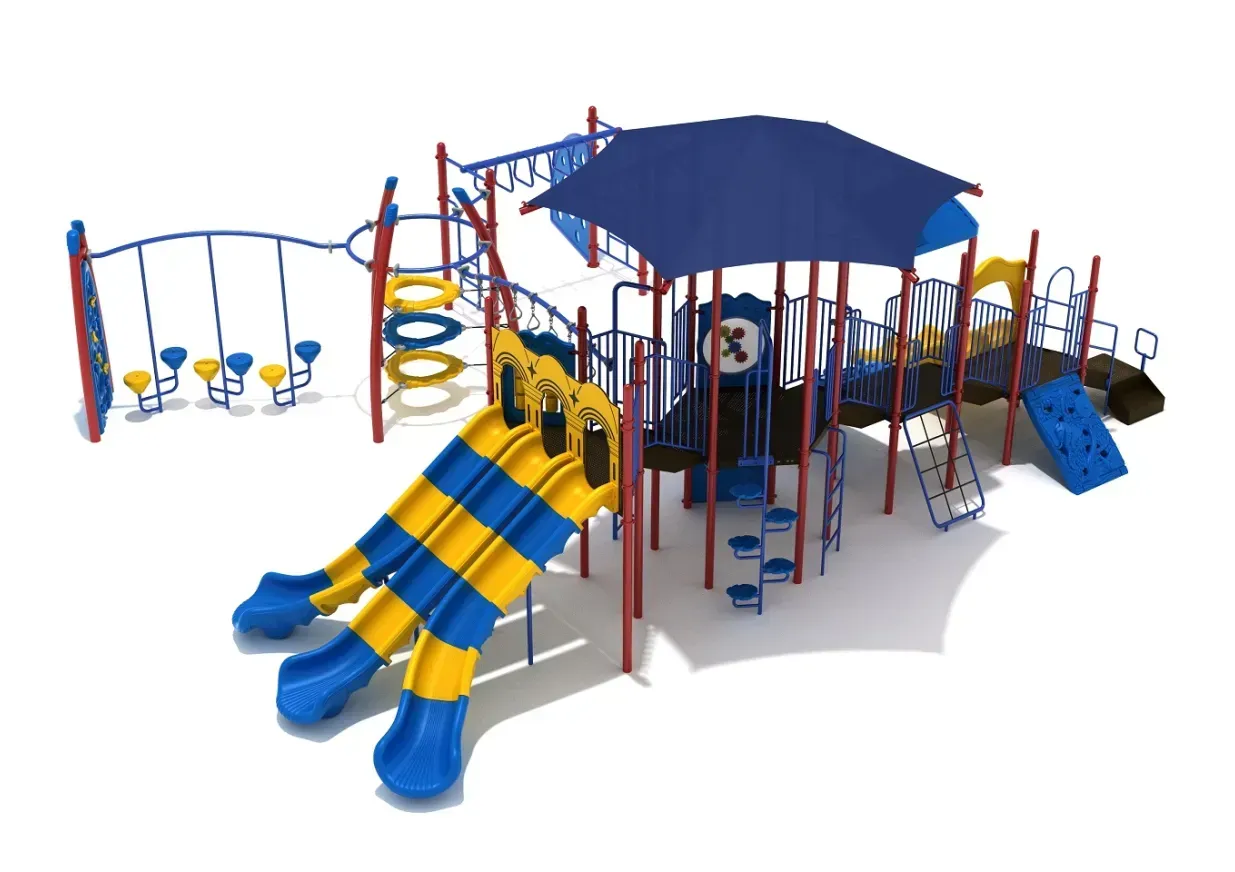 Colorful outdoor playground with blue-and-yellow slides, swings, ladders, and a roofed play structure