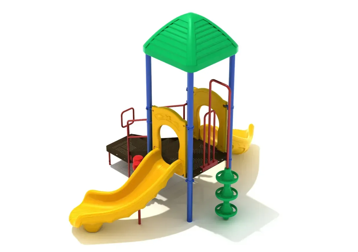 Colorful playground playset with a yellow slide, green roof, and spiral climber