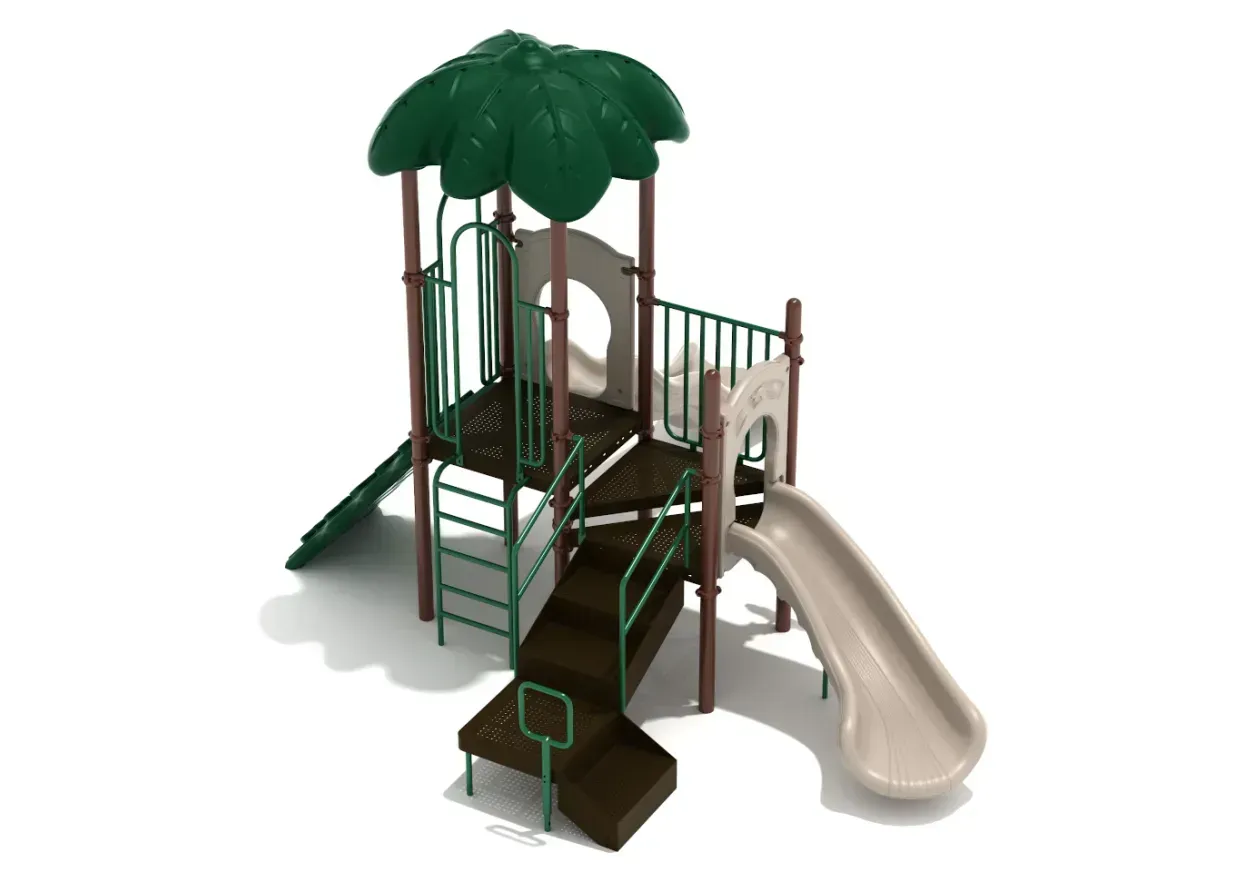 Outdoor playground playset with green canopy, slide, stairs, and climbing platform