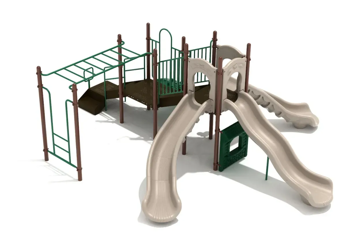 Playground climbing structure with tan slides, green bars, and a brown climbing deck