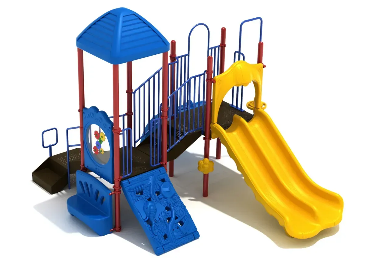 Colorful outdoor playground set with slides, climbing ramp, and covered platform