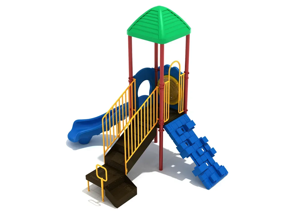 Colorful playground set with slides, stairs, and climbing ramp under a green roof