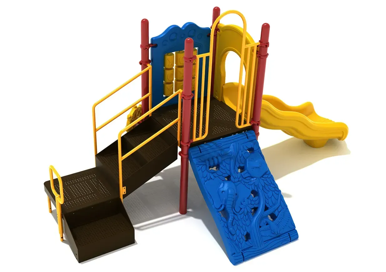 Colorful playground playset with ramps, stairs, and slides in yellow, blue, and black。