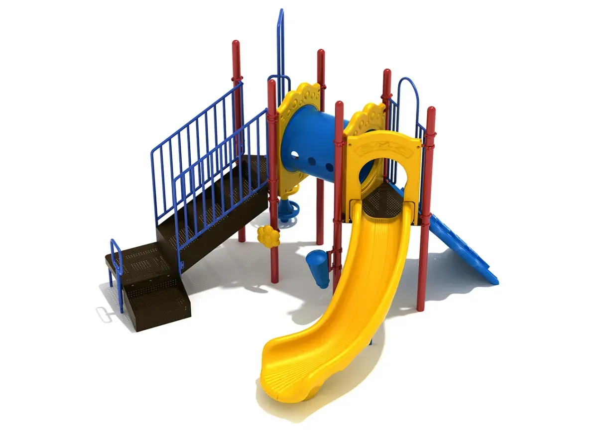 Colorful playground climbing structure with yellow slide, blue stairs, and ramps on white background