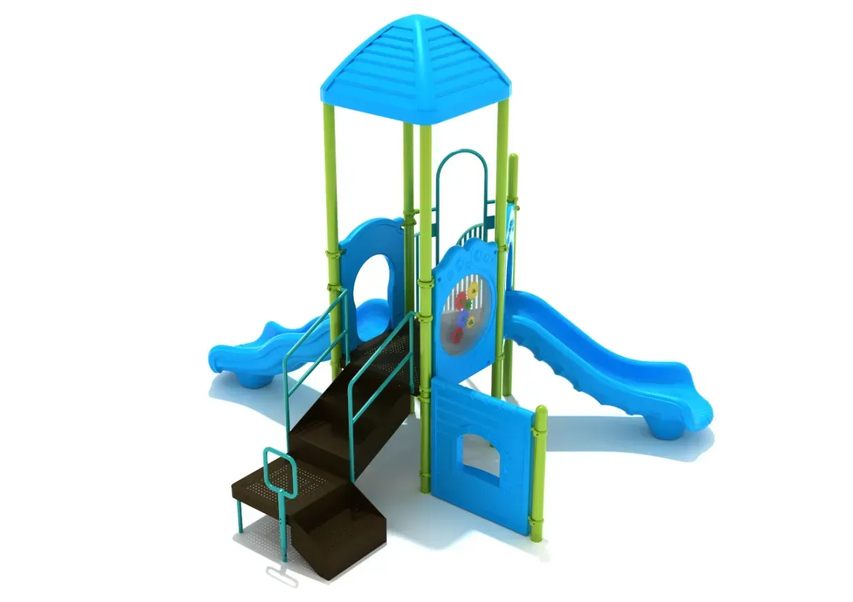 Colorful outdoor playground structure with blue slides, green railings, and a roofed platform
