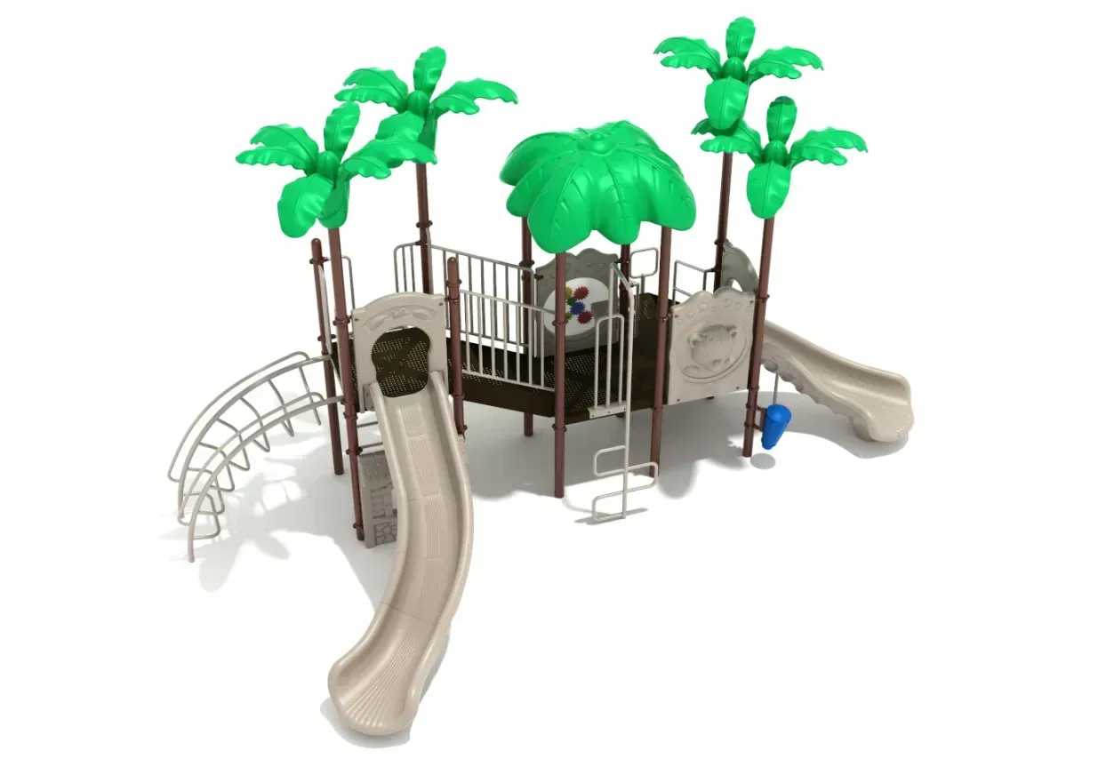 Playground climbing structure with slides, tunnels, and tall green palm-tree decorations