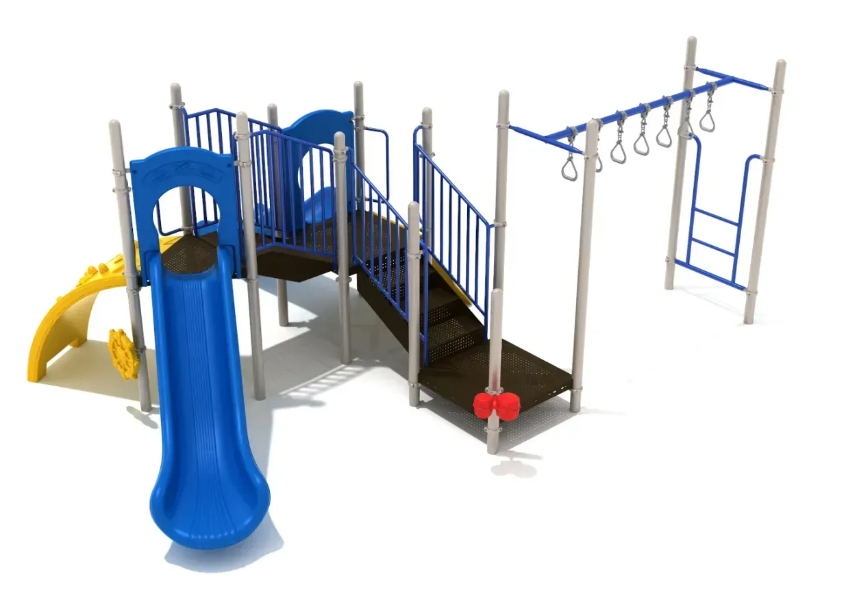 Colorful playground set with blue slide, yellow stairs, bridge, monkey bars, and climbing wall