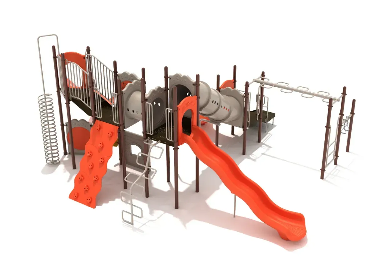 Orange and gray playground structure with slides, climbing walls, and ladders on a white background