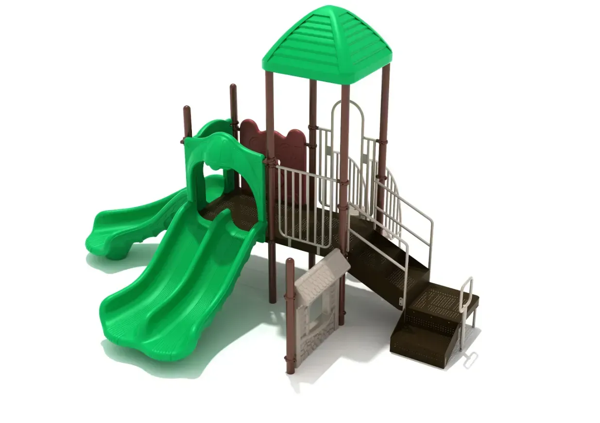 Green playground climbing structure with two slides, stairs, and a roofed platform