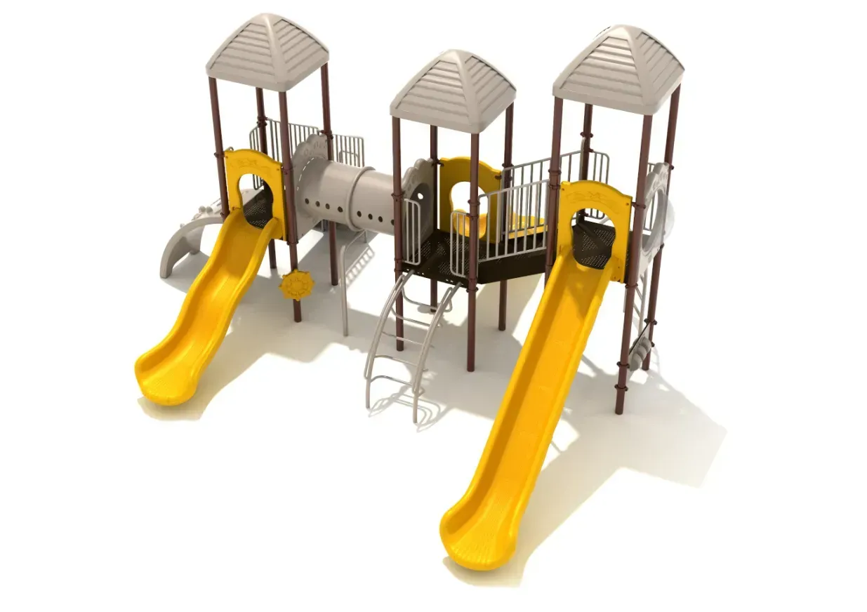 Outdoor playground structure with two yellow slides and covered platforms connected by bridges