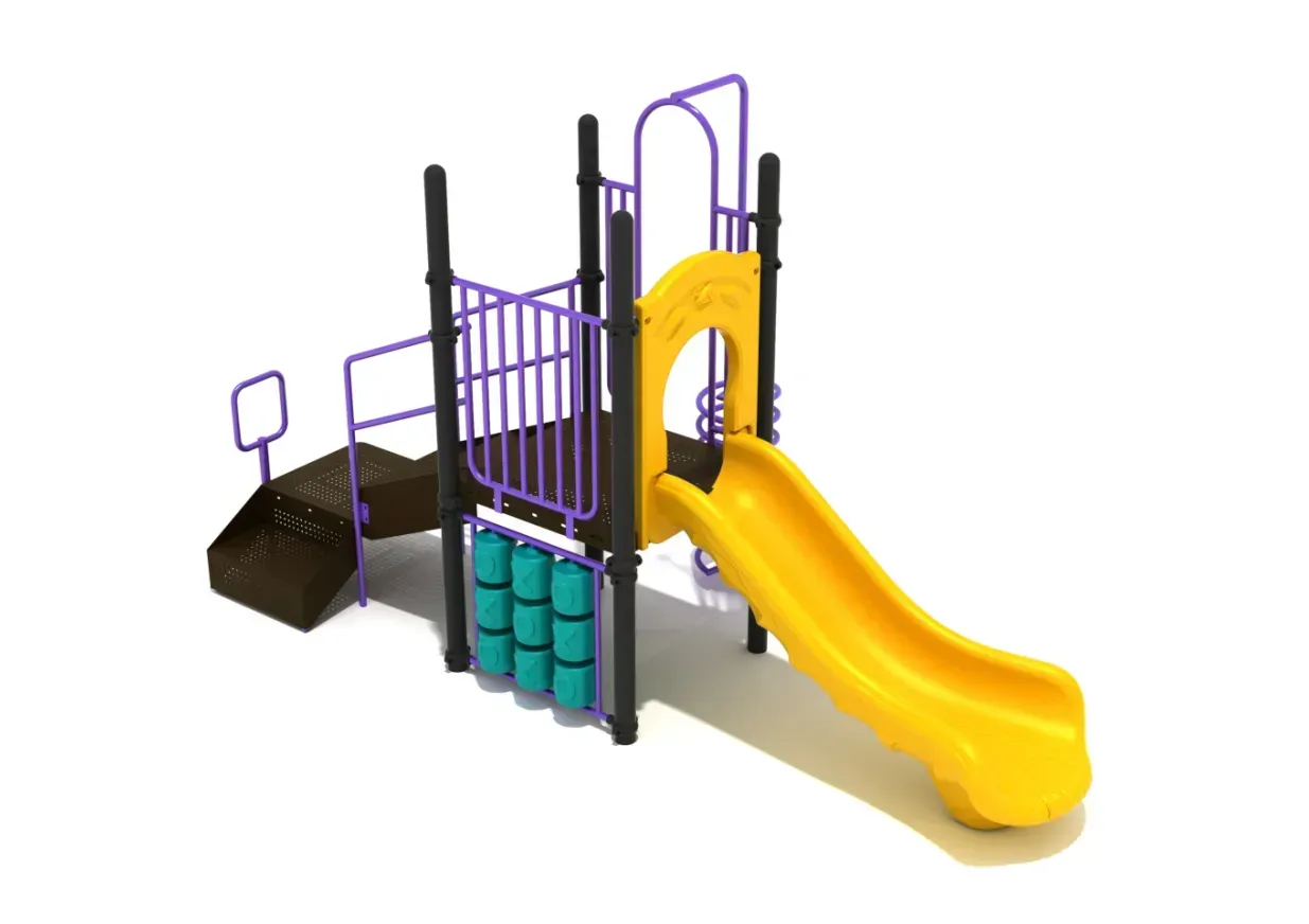 Purple and yellow playground playset with a slide, ladder, and climbing panel
